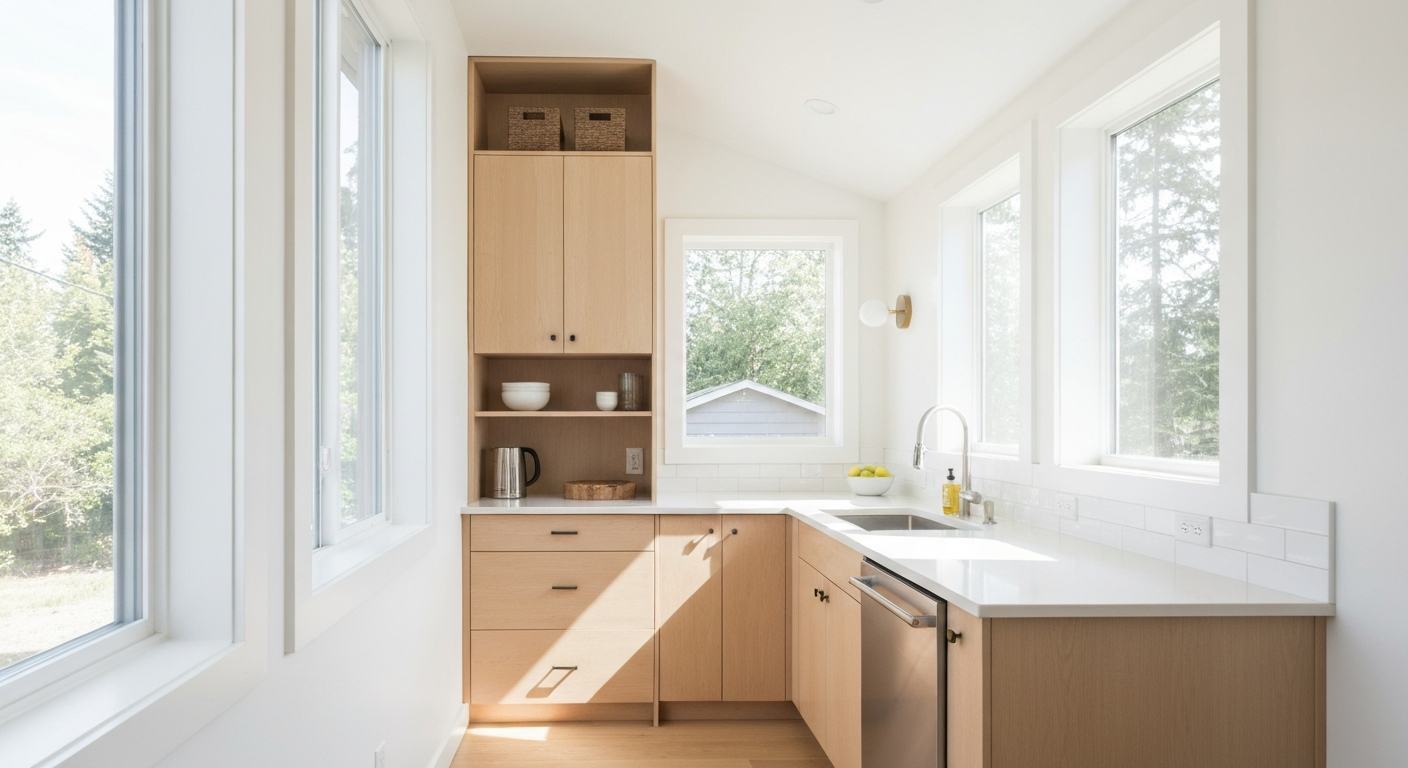 Interior of a small ADU kitchen with efficient storage and natural light