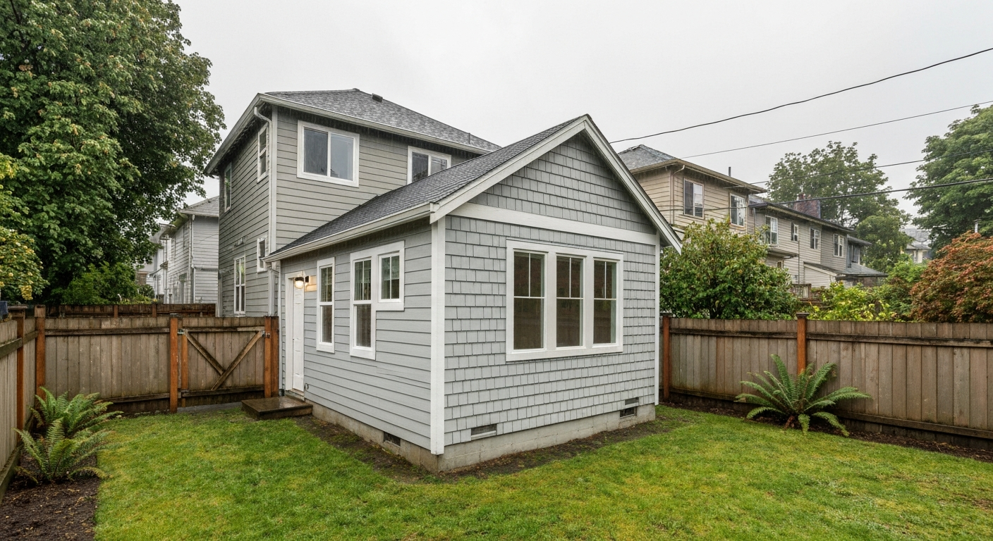 A grey, detached ADU with a gable roof and white-framed windows sits in a Seattle backyard on an overcast day, with the main house visible in the background.