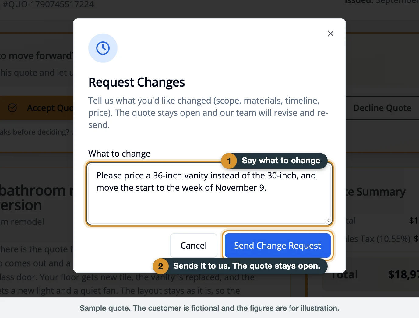Request Changes dialog on a Kolmo quote with labels on the text box and the Send Change Request button