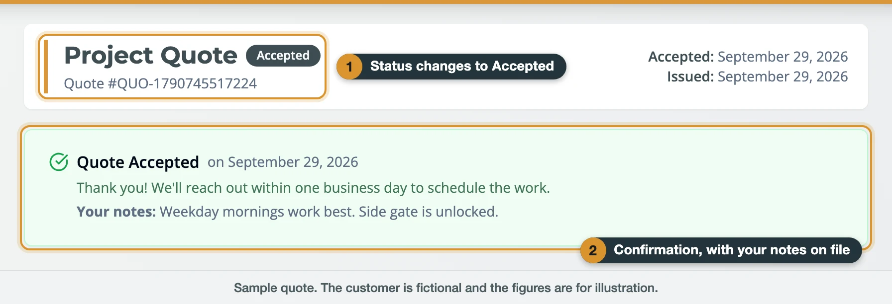 Accepted Kolmo quote with labels on the Accepted status and the confirmation showing the customer's notes