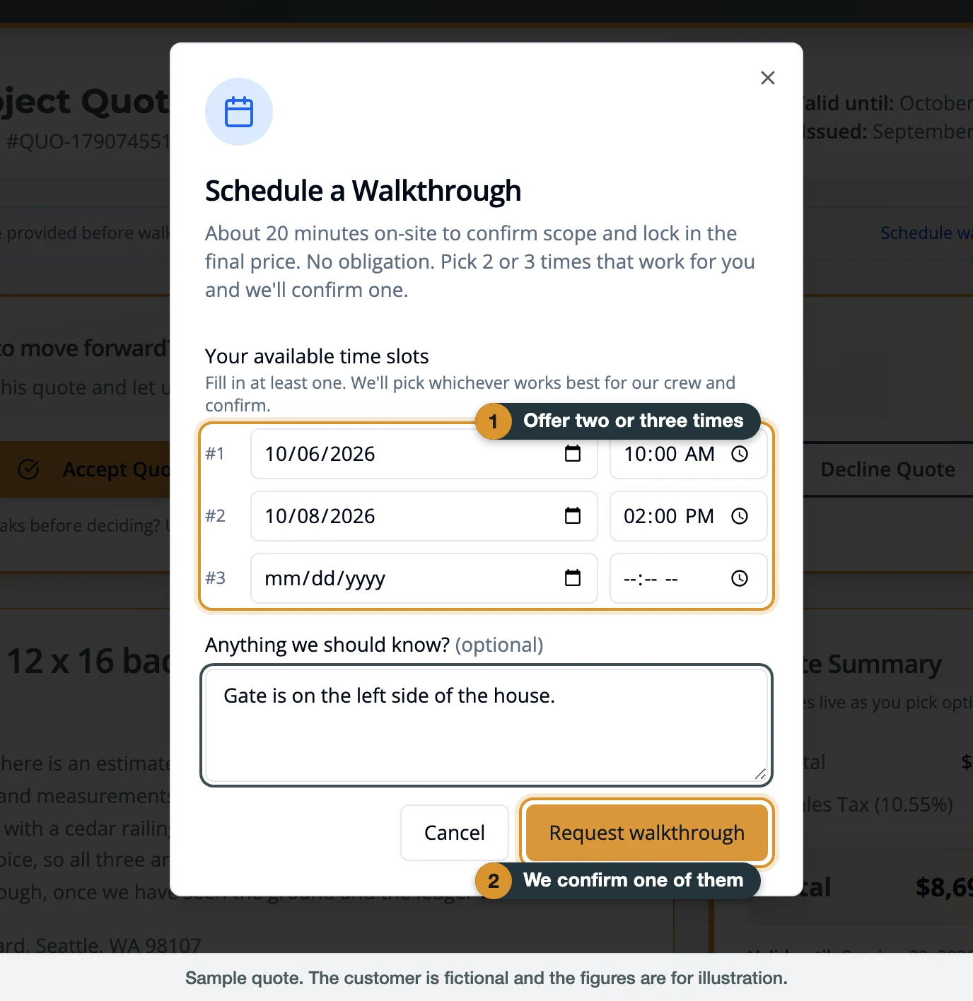 Schedule a Walkthrough dialog with labels on the time slots and the Request walkthrough button