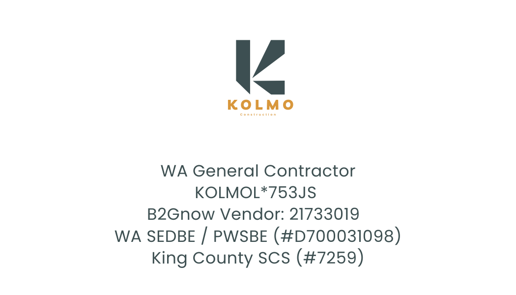 Kolmo Construction business card — back (license & certifications)